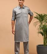 Men'S Grey Cotton Blend Pathani Kurta Set