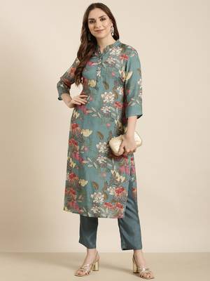 women's mandarin collar floral screen print teal straight kurta and trouser 4