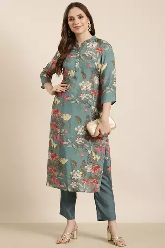 women's mandarin collar floral screen print teal straight kurta and trouser