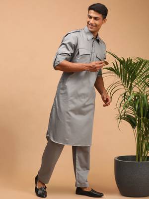 Men'S Grey Cotton Blend Pathani Kurta Set 2