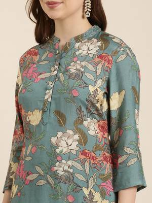 women's mandarin collar floral screen print teal straight kurta and trouser 5
