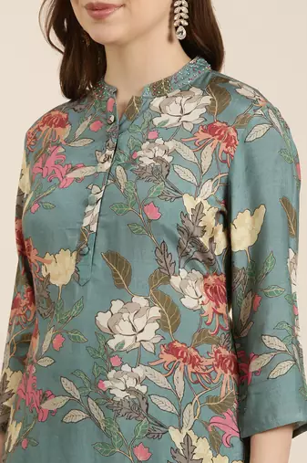 women's mandarin collar floral screen print teal straight kurta and trouser