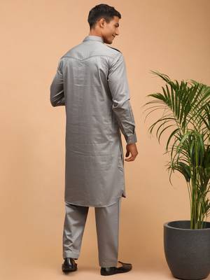 Men'S Grey Cotton Blend Pathani Kurta Set 3