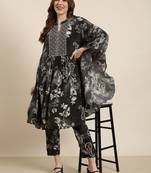 women's mandarin collar ethnic motifs screen print charcoal kaftan kurta and trouser