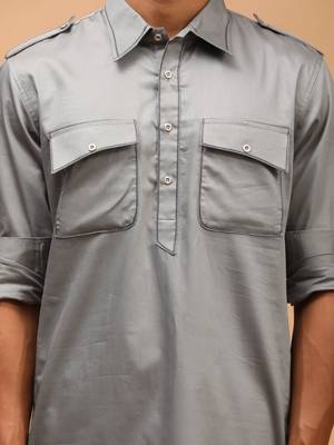 Men'S Grey Cotton Blend Pathani Kurta Set 4