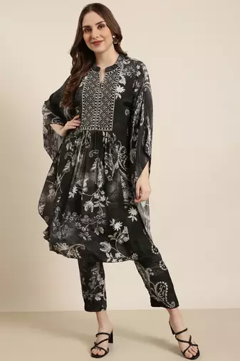 women's mandarin collar ethnic motifs screen print charcoal kaftan kurta and trouser