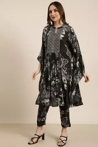women's mandarin collar ethnic motifs screen print charcoal kaftan kurta and trouser