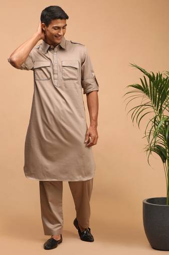 Men'S Chiku Brown Cotton Blend Pathani Kurta Set