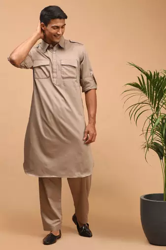 Men'S Chiku Brown Cotton Blend Pathani Kurta Set