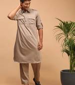 Men'S Chiku Brown Cotton Blend Pathani Kurta Set