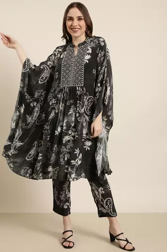 women's mandarin collar ethnic motifs screen print charcoal kaftan kurta and trouser