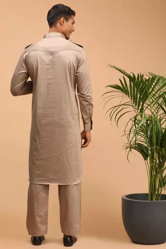 Men'S Chiku Brown Cotton Blend Pathani Kurta Set