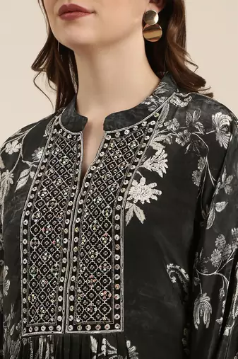 women's mandarin collar ethnic motifs screen print charcoal kaftan kurta and trouser