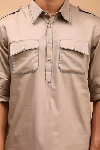 Men'S Chiku Brown Cotton Blend Pathani Kurta Set