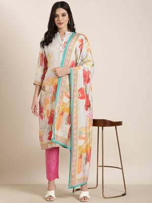 women's mandarin collar floral screen print grey straight kurta and trouser with dupatta 1