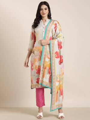 women's mandarin collar floral screen print grey straight kurta and trouser with dupatta 2