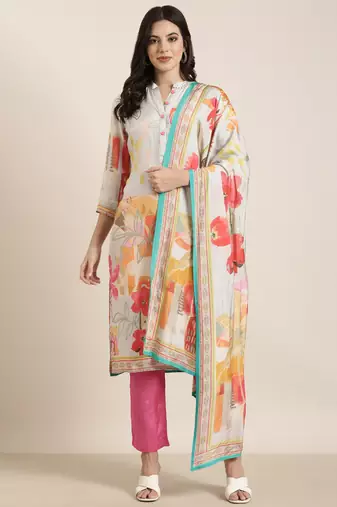 women's mandarin collar floral screen print grey straight kurta and trouser with dupatta