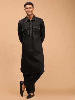 Men'S Black Cotton Blend Pathani Kurta Set 1
