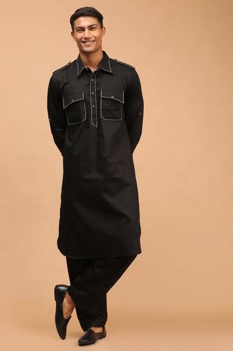 Men'S Black Cotton Blend Pathani Kurta Set