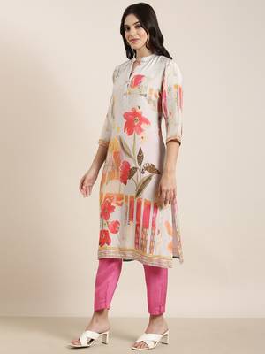 women's mandarin collar floral screen print grey straight kurta and trouser with dupatta 3