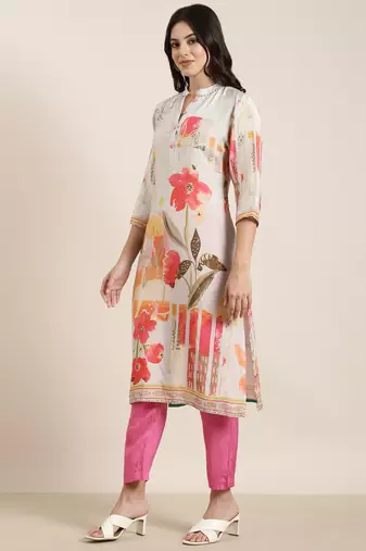 women's mandarin collar floral screen print grey straight kurta and trouser with dupatta