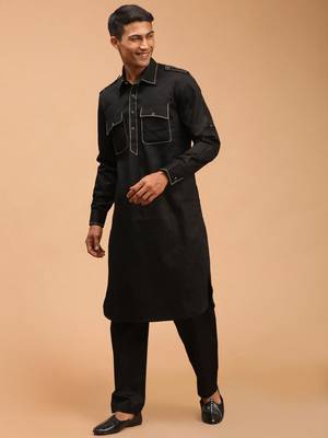 Men'S Black Cotton Blend Pathani Kurta Set 2