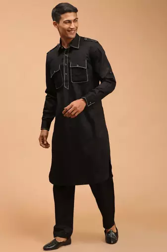 Men'S Black Cotton Blend Pathani Kurta Set