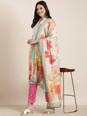 women's mandarin collar floral screen print grey straight kurta and trouser with dupatta 4