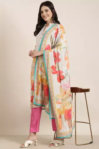 women's mandarin collar floral screen print grey straight kurta and trouser with dupatta