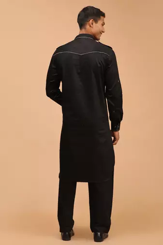 Men'S Black Cotton Blend Pathani Kurta Set