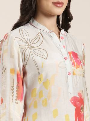 women's mandarin collar floral screen print grey straight kurta and trouser with dupatta 5