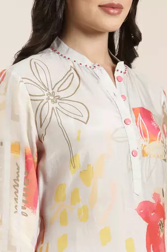 women's mandarin collar floral screen print grey straight kurta and trouser with dupatta