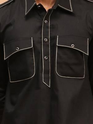 Men'S Black Cotton Blend Pathani Kurta Set 4