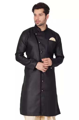 Men'S Black Cotton Blend Sherwani Only Top