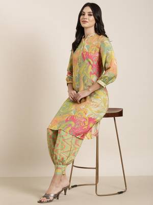 women's shirt collar abstract screen print green a-line kurta and patiala 1