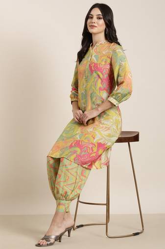 women's shirt collar abstract screen print green a-line kurta and patiala