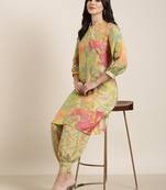 women's shirt collar abstract screen print green a-line kurta and patiala