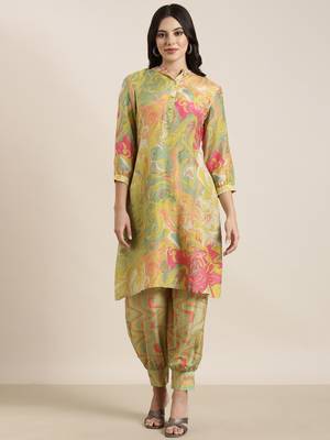 women's shirt collar abstract screen print green a-line kurta and patiala 2