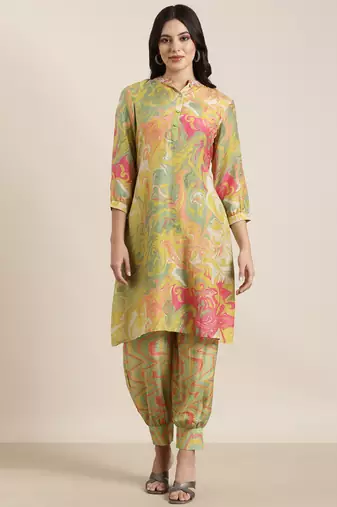 women's shirt collar abstract screen print green a-line kurta and patiala