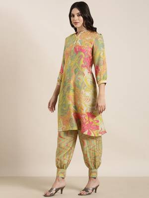 women's shirt collar abstract screen print green a-line kurta and patiala 3
