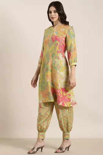 women's shirt collar abstract screen print green a-line kurta and patiala
