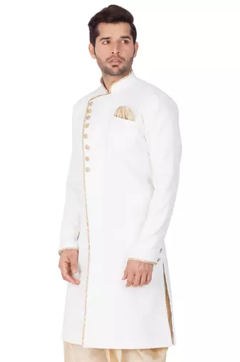 Men'S White Cotton Blend Sherwani Only Top