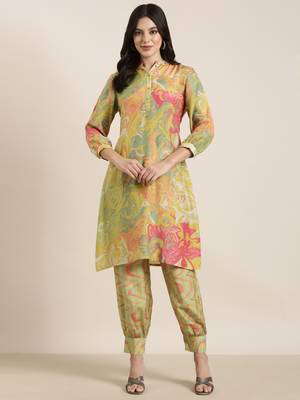 women's shirt collar abstract screen print green a-line kurta and patiala 4