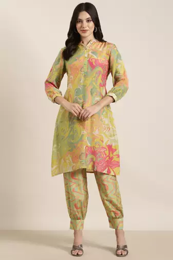 women's shirt collar abstract screen print green a-line kurta and patiala