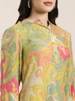 women's shirt collar abstract screen print green a-line kurta and patiala 5