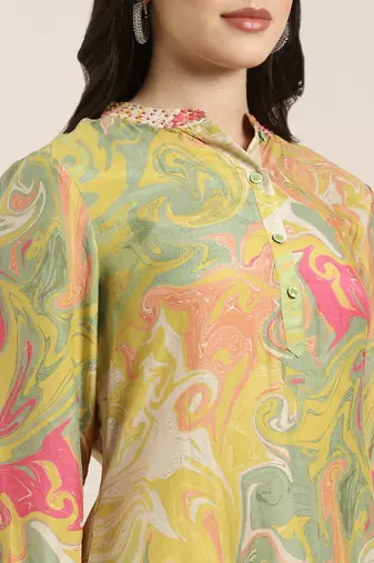 women's shirt collar abstract screen print green a-line kurta and patiala