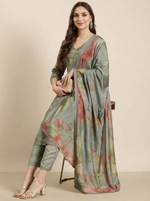 women's v-neck floral green straight kurta and trouser with dupatta 1