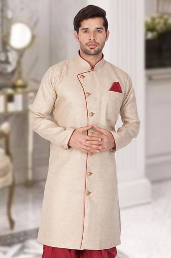 Men'S Beige Cotton Blend Sherwani Only Top