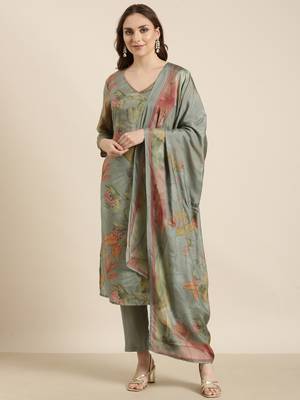 women's v-neck floral green straight kurta and trouser with dupatta 2