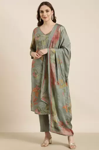 women's v-neck floral green straight kurta and trouser with dupatta